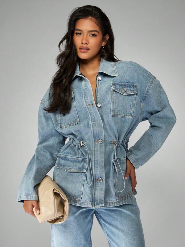 MISSGUIDED Oversized Light Wash Denim Jacket With Drawstring Waist
