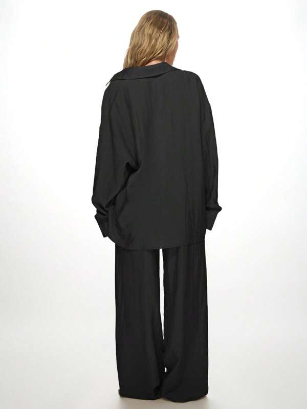 MISSGUIDED Oversized Linen Button Down Shirt Wide Leg Pants Two Piece Set
