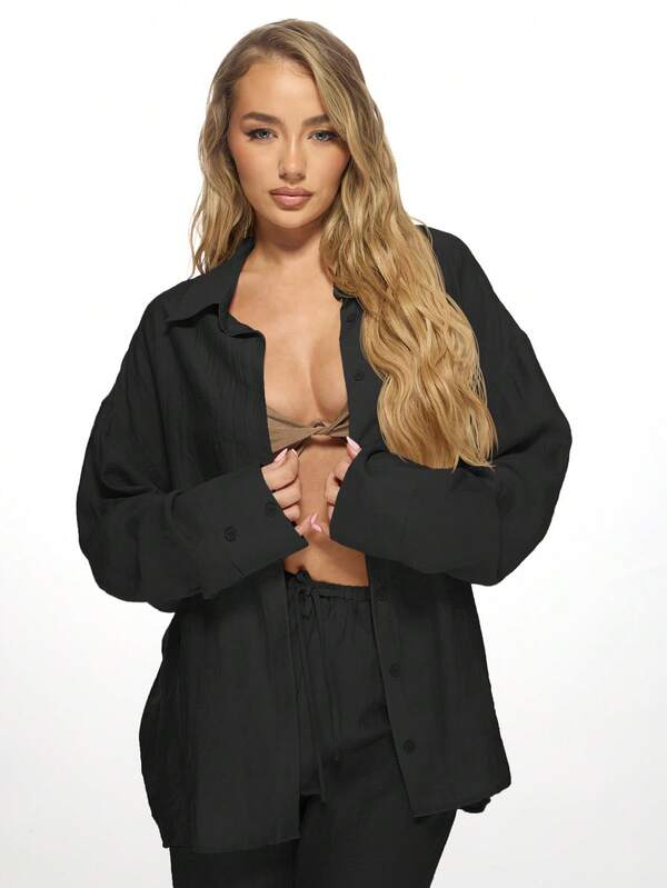 MISSGUIDED Oversized Linen Button Down Shirt Wide Leg Pants Two Piece Set