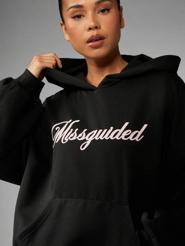 MISSGUIDED Oversized Logo Hoodie With Centre Pocket