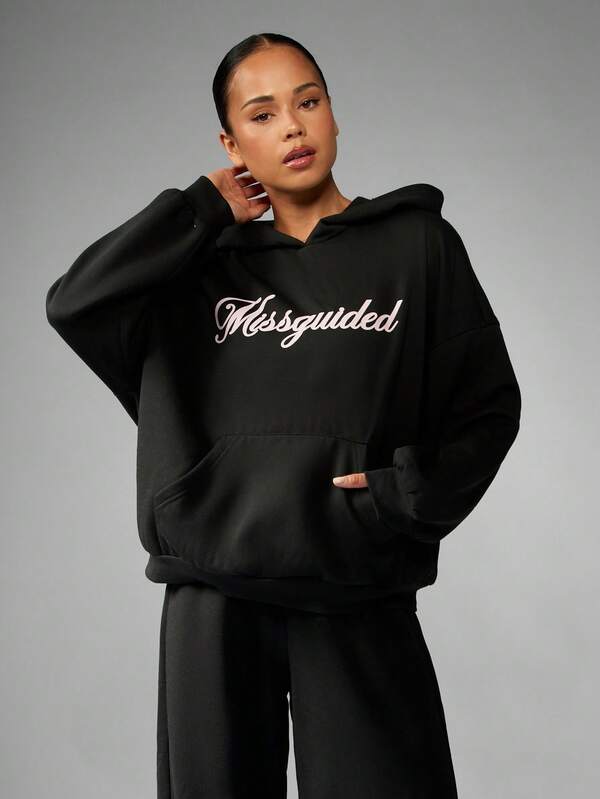 MISSGUIDED Oversized Logo Hoodie With Centre Pocket