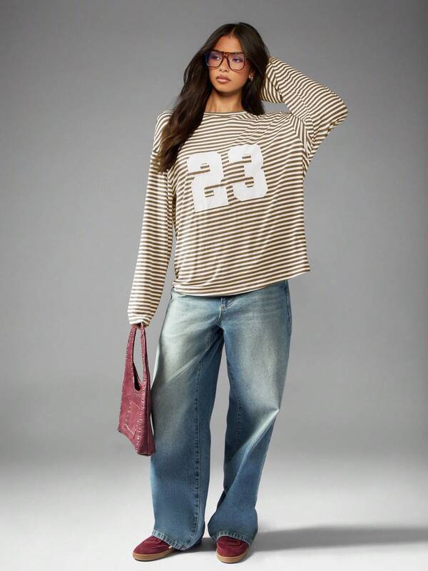 MISSGUIDED Oversized Long Sleeve Number Graphic Striped T Shirt