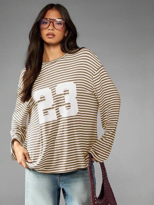 MISSGUIDED Oversized Long Sleeve Number Graphic Striped T Shirt
