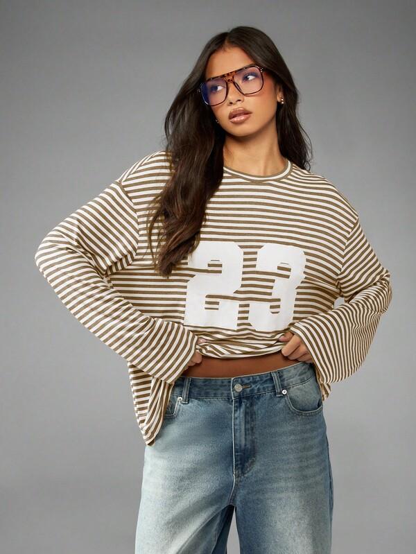 MISSGUIDED Oversized Long Sleeve Number Graphic Striped T Shirt