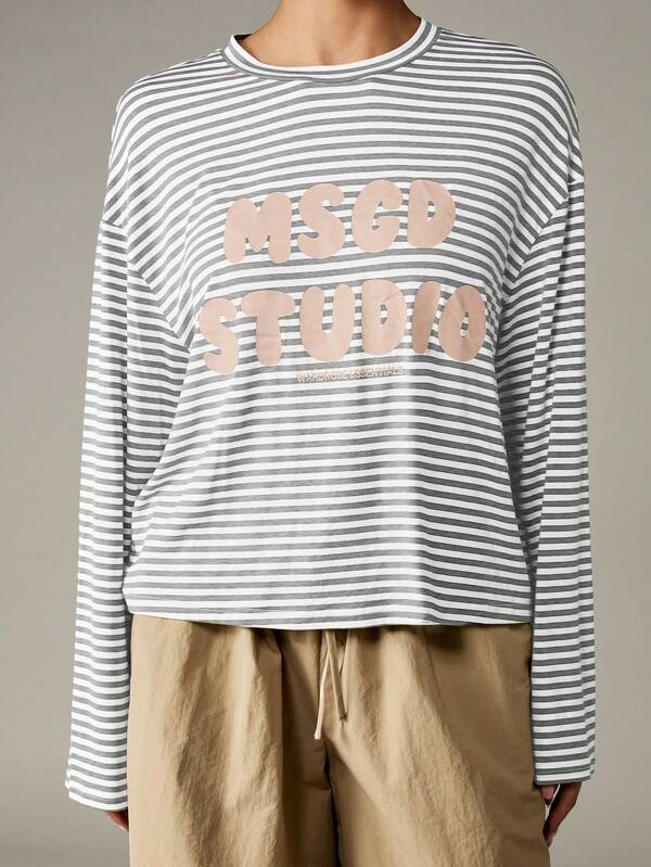 MISSGUIDED Oversized Long Sleeve Striped Top With Print