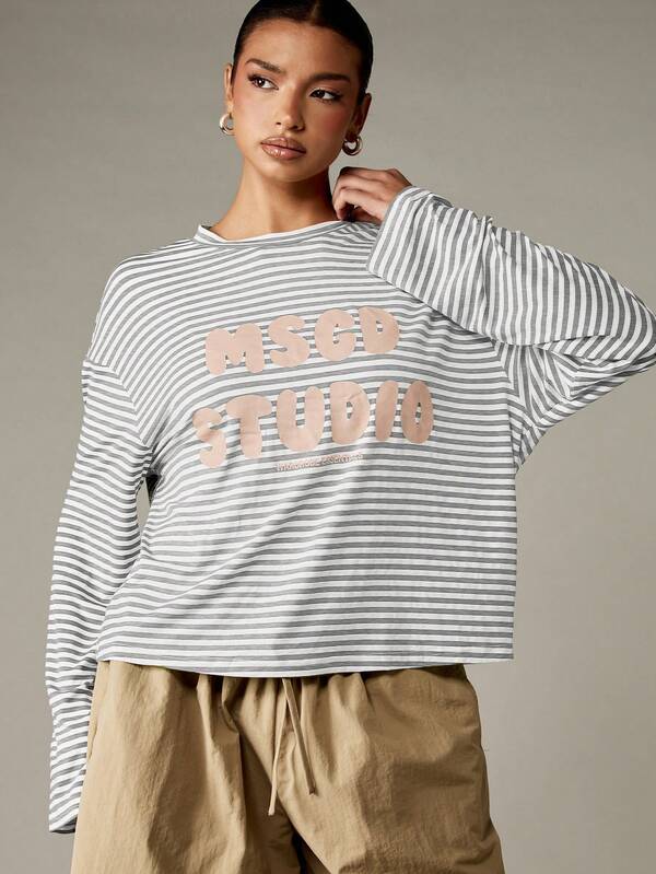 MISSGUIDED Oversized Long Sleeve Striped Top With Print