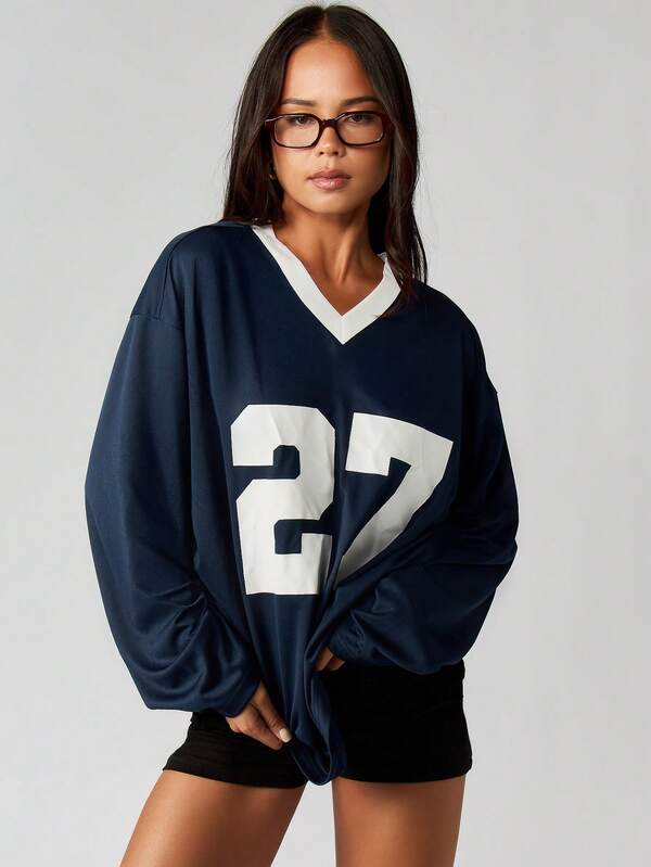 MISSGUIDED Oversized Long Sleeve T-Shirt With Number Print