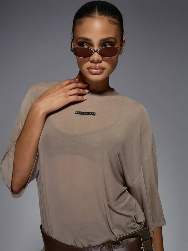 MISSGUIDED Oversized Mesh T Shirt With Logo Label