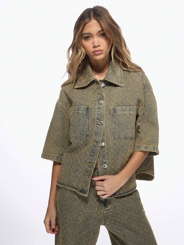 MISSGUIDED Oversized Monogram Print Denim Shirt Jacket