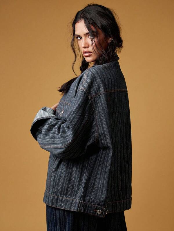 MISSGUIDED Oversized Pinstripe Denim Jacket With Turn Up Cuffs