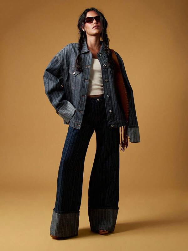 MISSGUIDED Oversized Pinstripe Denim Jacket With Turn Up Cuffs