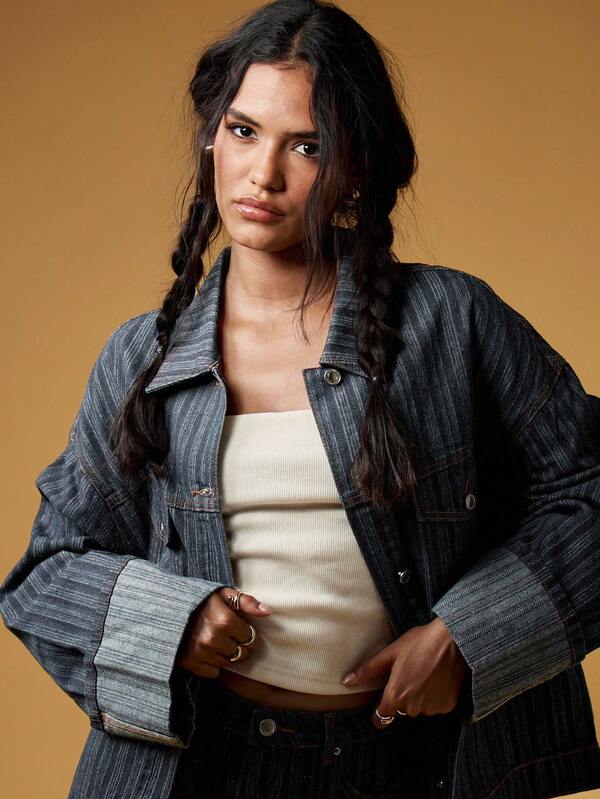 MISSGUIDED Oversized Pinstripe Denim Jacket With Turn Up Cuffs