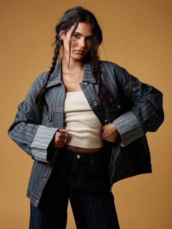 MISSGUIDED Oversized Pinstripe Denim Jacket With Turn Up Cuffs