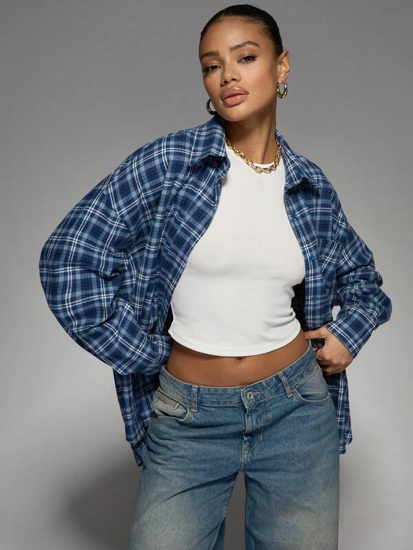 MISSGUIDED Oversized Plaid Button Down Shirt With Curved Hem
