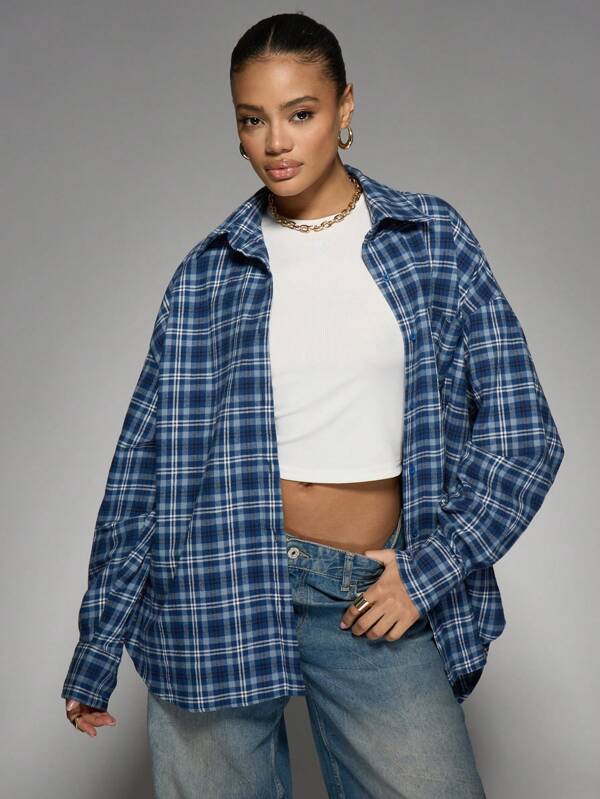 MISSGUIDED Oversized Plaid Button Down Shirt With Curved Hem