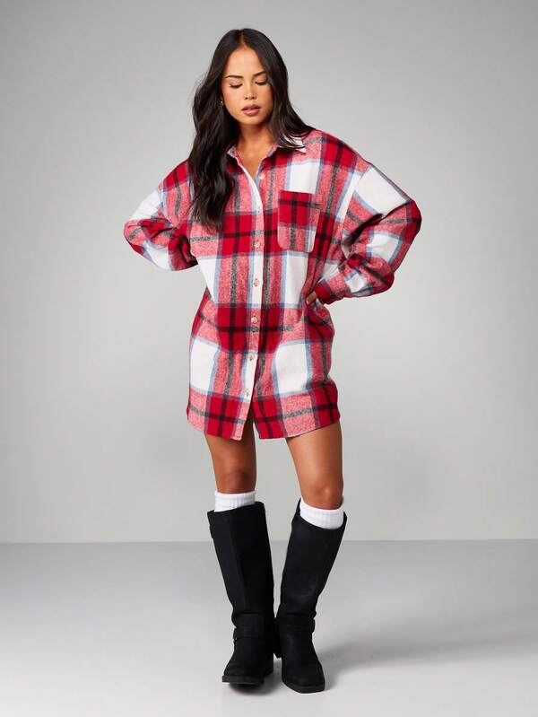 MISSGUIDED Oversized Plaid Flannel Button Down Shirt