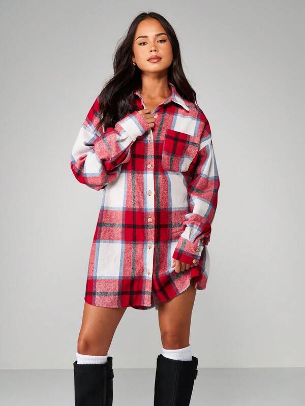 MISSGUIDED Oversized Plaid Flannel Button Down Shirt