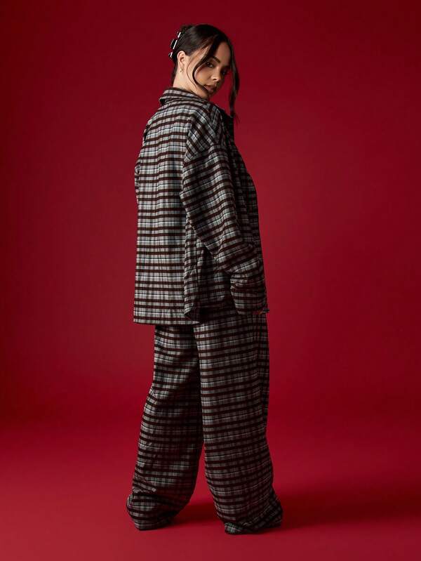 MISSGUIDED Oversized Plaid Shirt With Wide Leg Pants Set