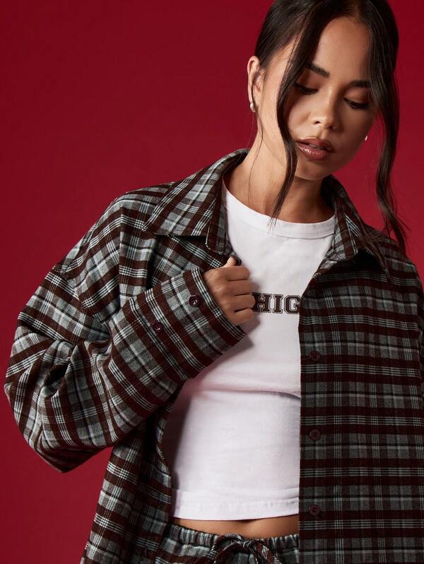 MISSGUIDED Oversized Plaid Shirt With Wide Leg Pants Set