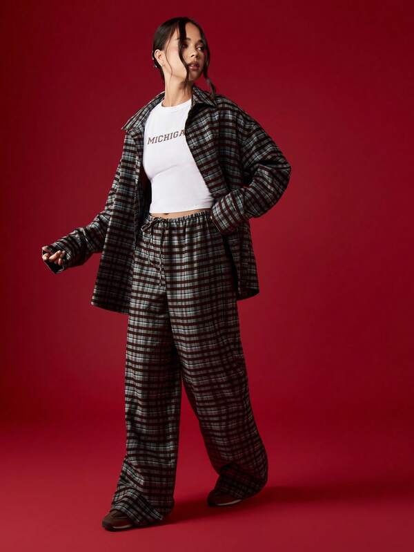 MISSGUIDED Oversized Plaid Shirt With Wide Leg Pants Set
