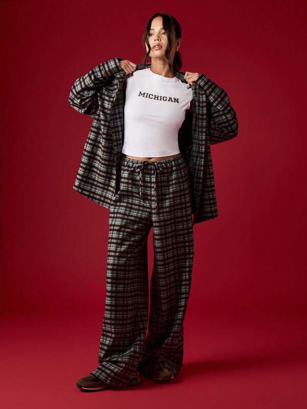 MISSGUIDED Oversized Plaid Shirt With Wide Leg Pants Set
