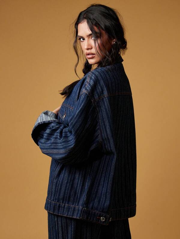 MISSGUIDED Oversized Retro Y2K Striped Denim Trucker Jacket