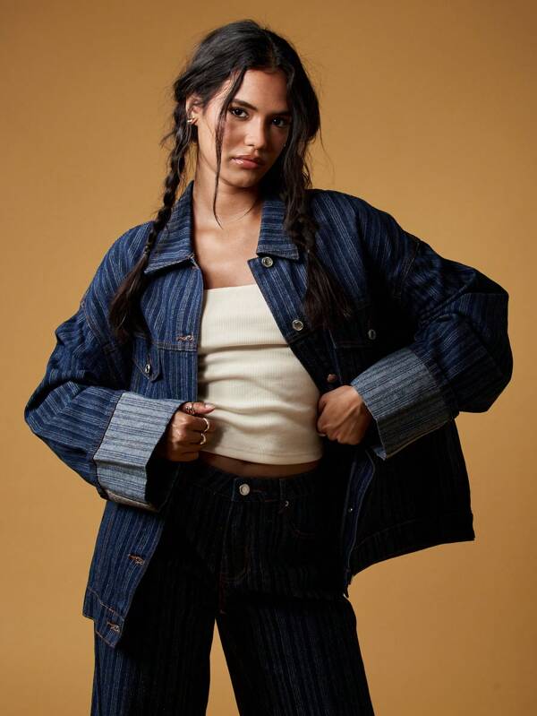 MISSGUIDED Oversized Retro Y2K Striped Denim Trucker Jacket