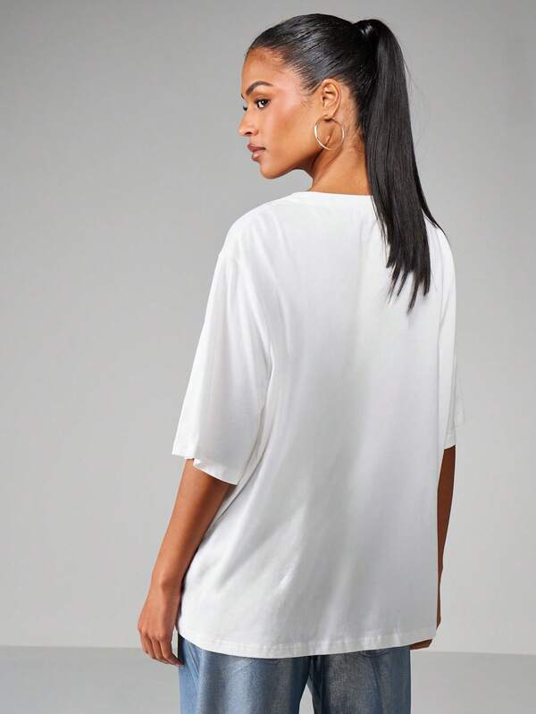 MISSGUIDED Oversized Rhinestone Detail Cotton T Shirt
