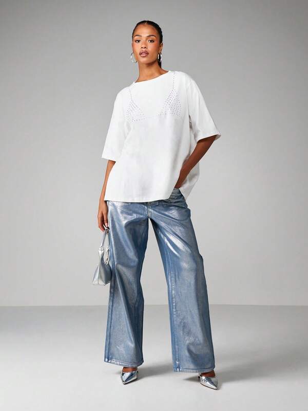 MISSGUIDED Oversized Rhinestone Detail Cotton T Shirt