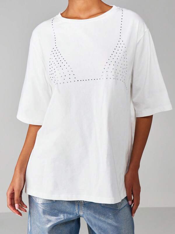 MISSGUIDED Oversized Rhinestone Detail Cotton T Shirt