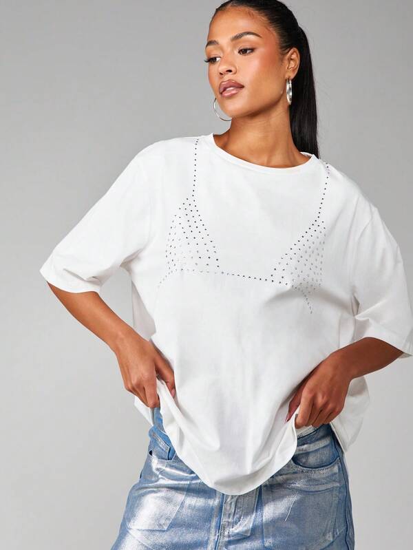 MISSGUIDED Oversized Rhinestone Detail Cotton T Shirt