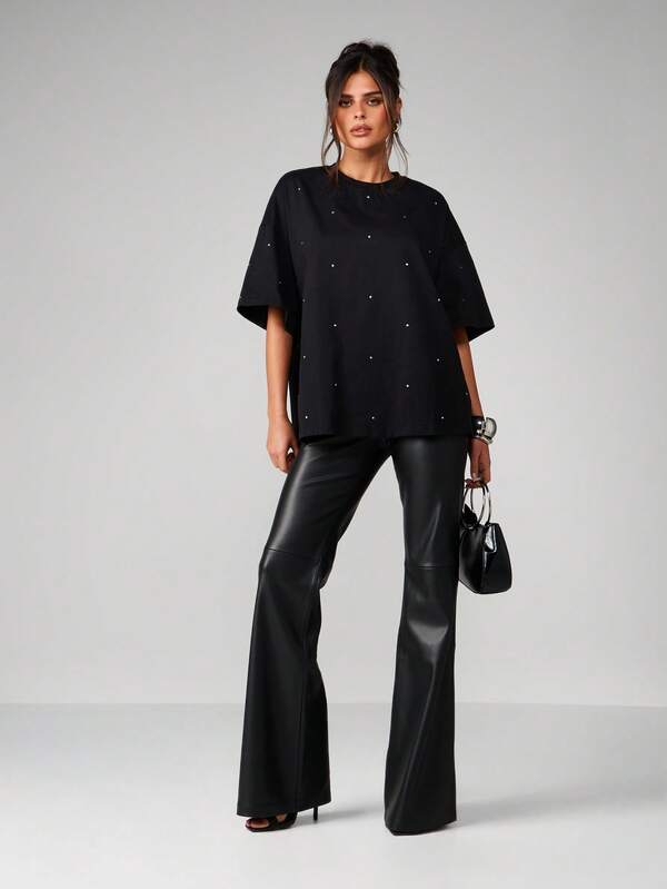 MISSGUIDED Oversized Rhinestone Detail Crew Neck Tee