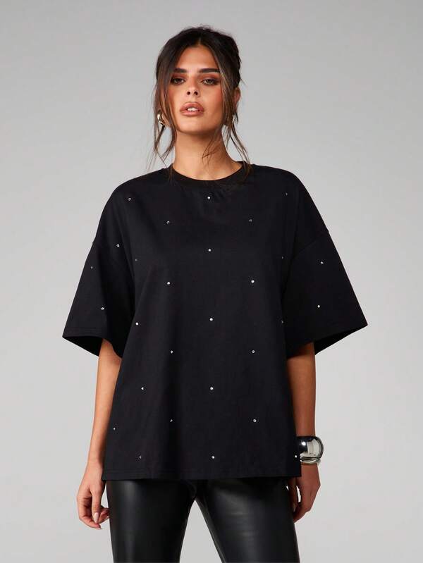 MISSGUIDED Oversized Rhinestone Detail Crew Neck Tee
