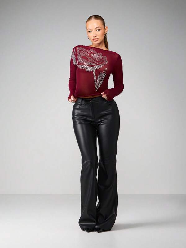 MISSGUIDED Oversized Rhinestone Rose Mesh Top