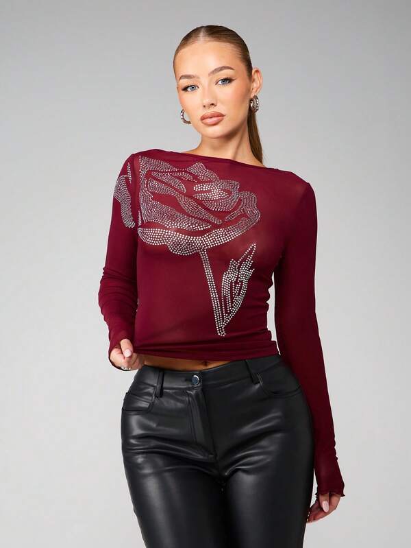 MISSGUIDED Oversized Rhinestone Rose Mesh Top