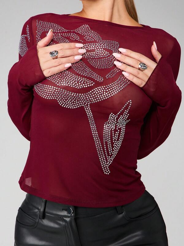 MISSGUIDED Oversized Rhinestone Rose Mesh Top