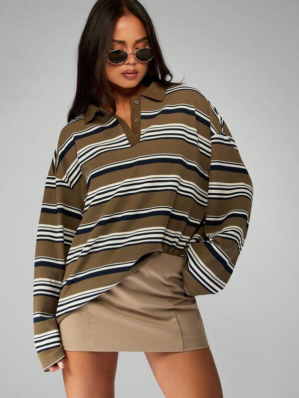 MISSGUIDED Oversized Rugby Polo With Striped Pattern And Drop Shoulder