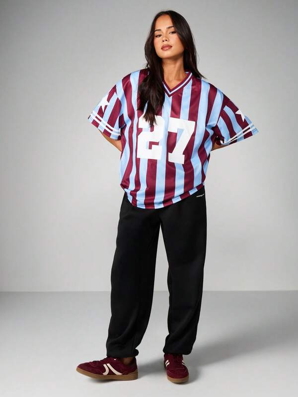 MISSGUIDED Oversized Striped Football Tee With Number