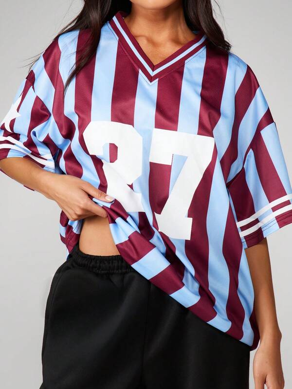 MISSGUIDED Oversized Striped Football Tee With Number