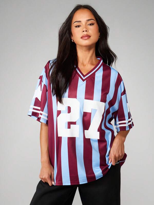 MISSGUIDED Oversized Striped Football Tee With Number