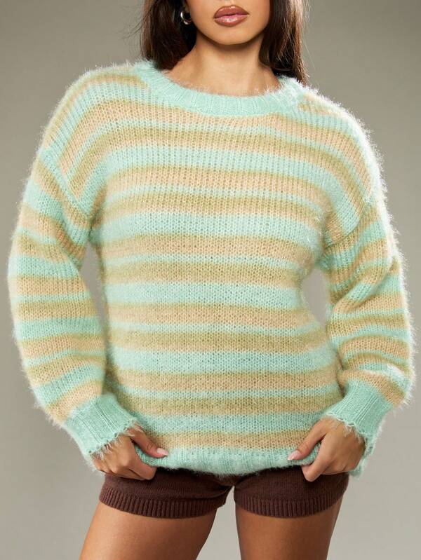 MISSGUIDED Oversized Striped Fuzzy Sweater With Long Sleeves