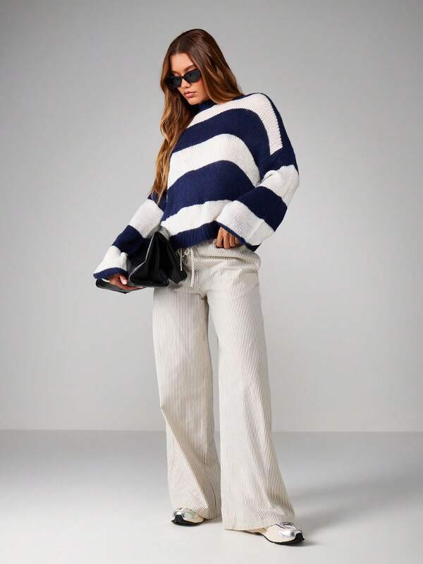 MISSGUIDED Oversized Striped Knit Pullover With Long Sleeves
