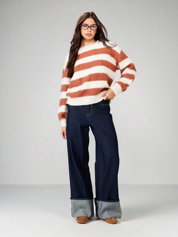 MISSGUIDED Oversized Striped Knit Sweater With Round Neck