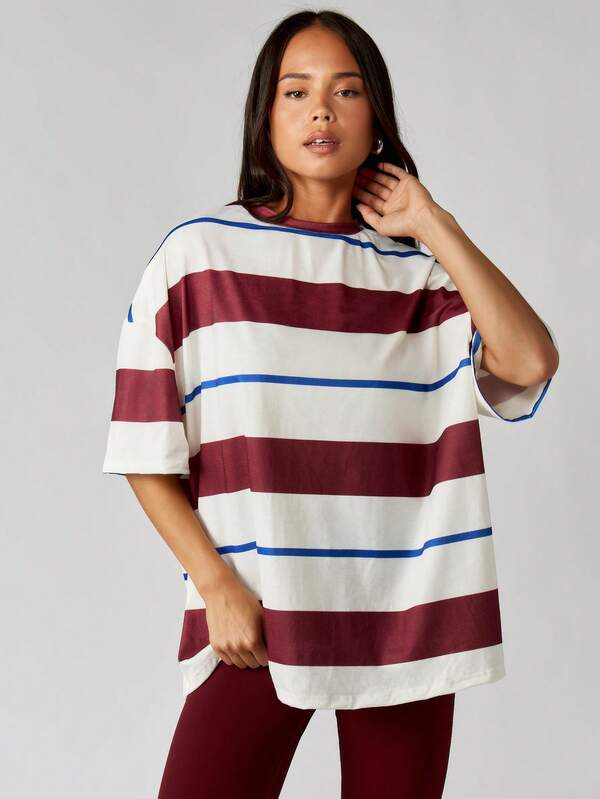 MISSGUIDED Oversized Striped Mock Neck T-Shirt