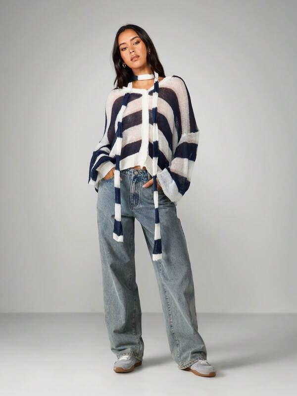 MISSGUIDED Oversized Striped Open Front Cardigan