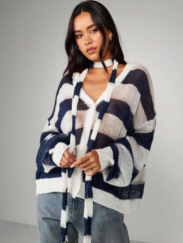 MISSGUIDED Oversized Striped Open Front Cardigan