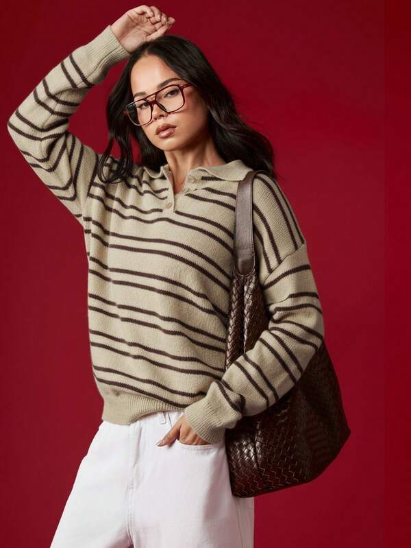 MISSGUIDED Oversized Striped Polo Knit Sweater