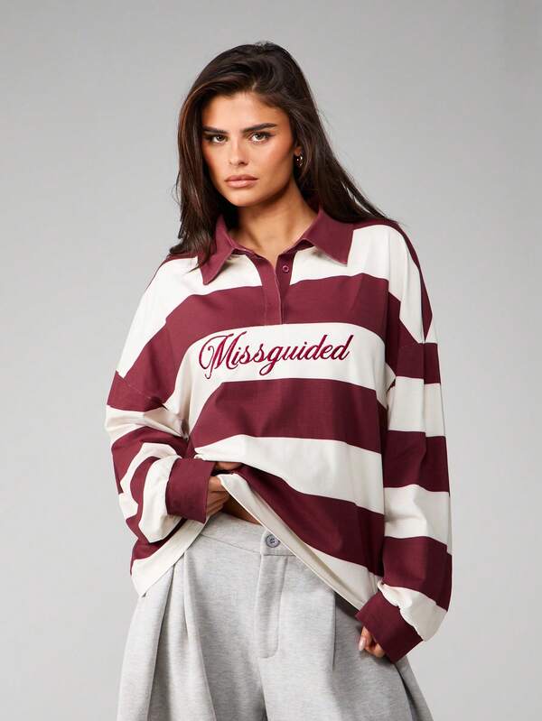 MISSGUIDED Oversized Striped Rugby Collar Sweatshirt
