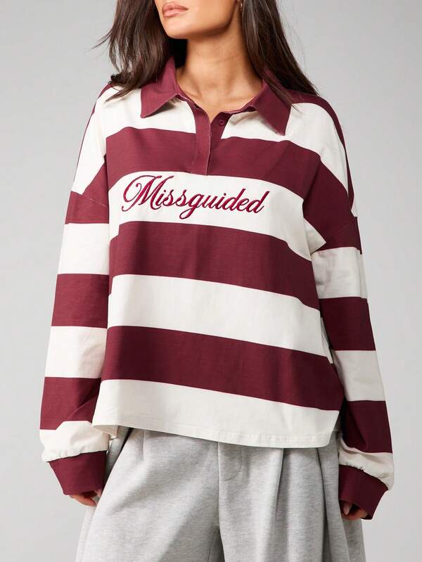 MISSGUIDED Oversized Striped Rugby Collar Sweatshirt