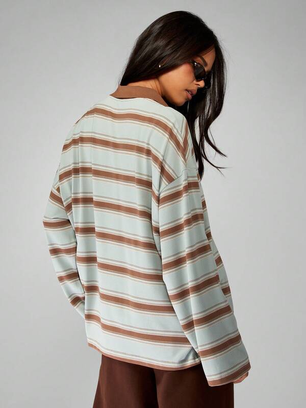 MISSGUIDED Oversized Striped Rugby Polo With Partial Button Placket